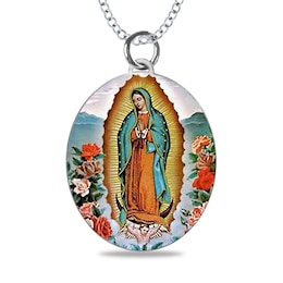 Engravable Enamel Our Lady of Guadalupe Oval Pendant in 14K White, Yellow or Rose Gold (3 Lines)