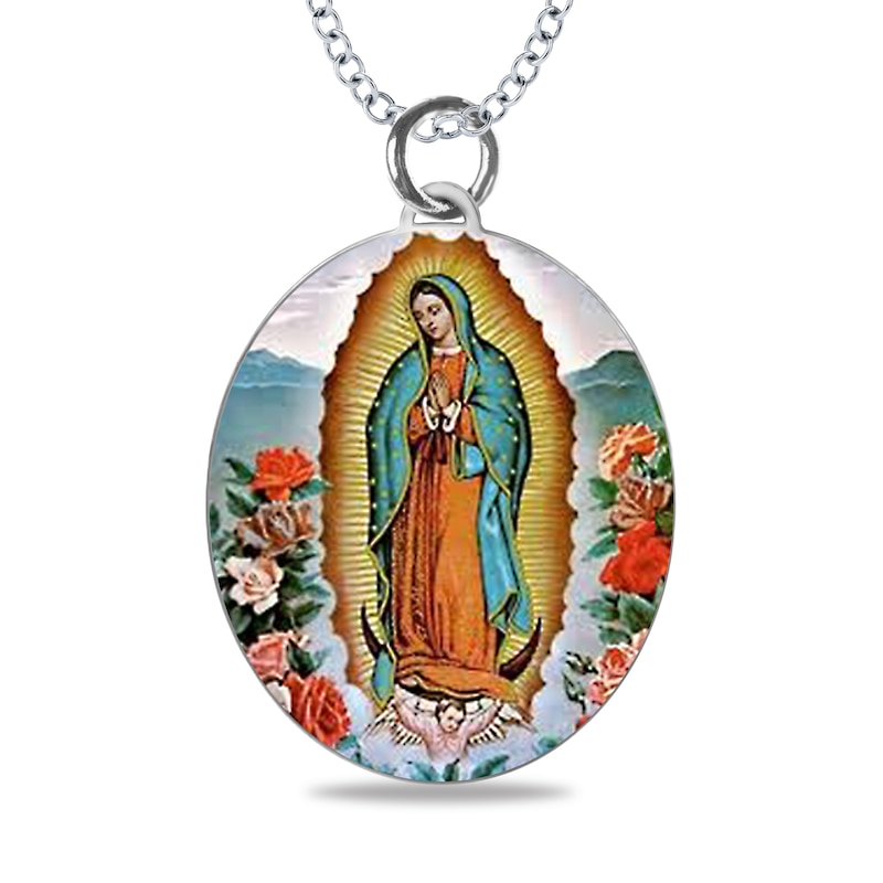 Main Image 1 of Engravable Enamel Our Lady of Guadalupe Oval Pendant in 14K White, Yellow or Rose Gold (3 Lines)