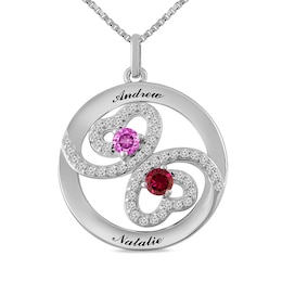 Couple's 3.0mm Birthstone and Lab-Created White Sapphire Bypassing Hearts Circle Pendant (2 Stones and Names)
