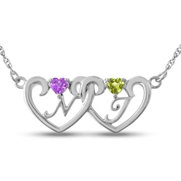 Couple's Birthstone Interlocking Scroll Hearts Necklace (2 Stones and Initials)
