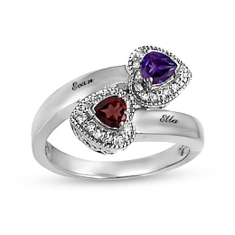 Couple's Heart-Shaped Birthstone Frame Bypass Ring (2 Stones and Names)