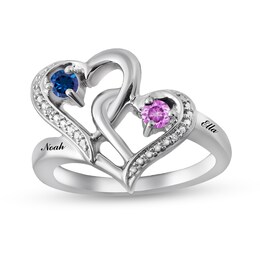 Couple's 3.0mm Birthstone and Diamond Accent Hearts Ring (2 Stones and Names)