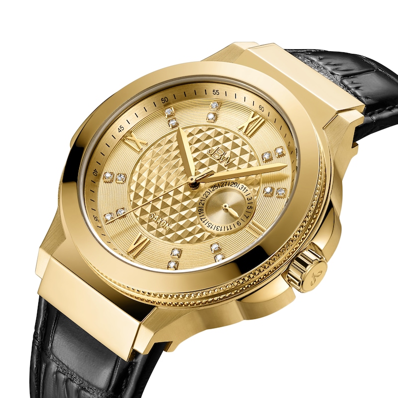 Main Image 2 of Men's JBW Saxon 1/6 CT. T.W. Diamond 18K Gold Plate Strap Watch (Model: J6373C)