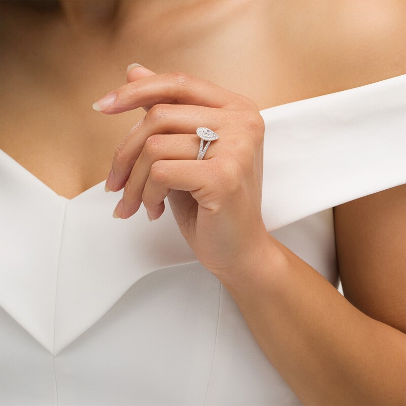 Main Image 2 of Love's Destiny by Zales 1 CT. T.W. Certified Pear-Shaped Diamond Frame Engagement Ring in 14K White Gold (I/SI2)