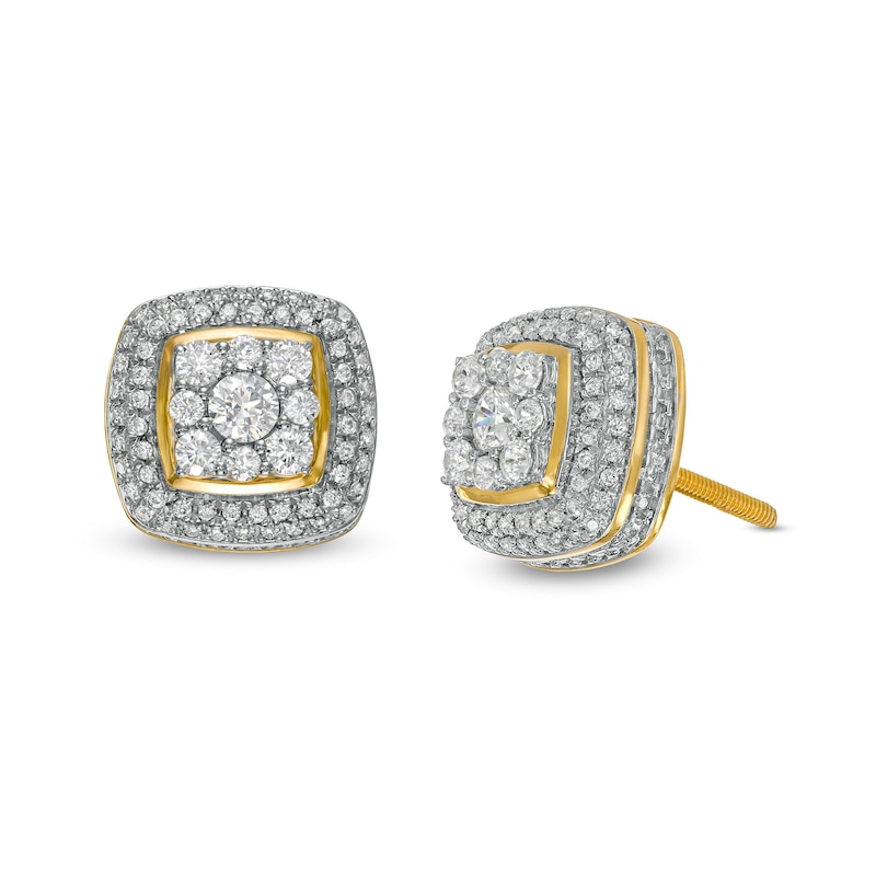 Main Image 1 of Men's 1 CT. T.W. Multi-Diamond Double Cushion Frame Tiered Stud Earrings in 10K Gold