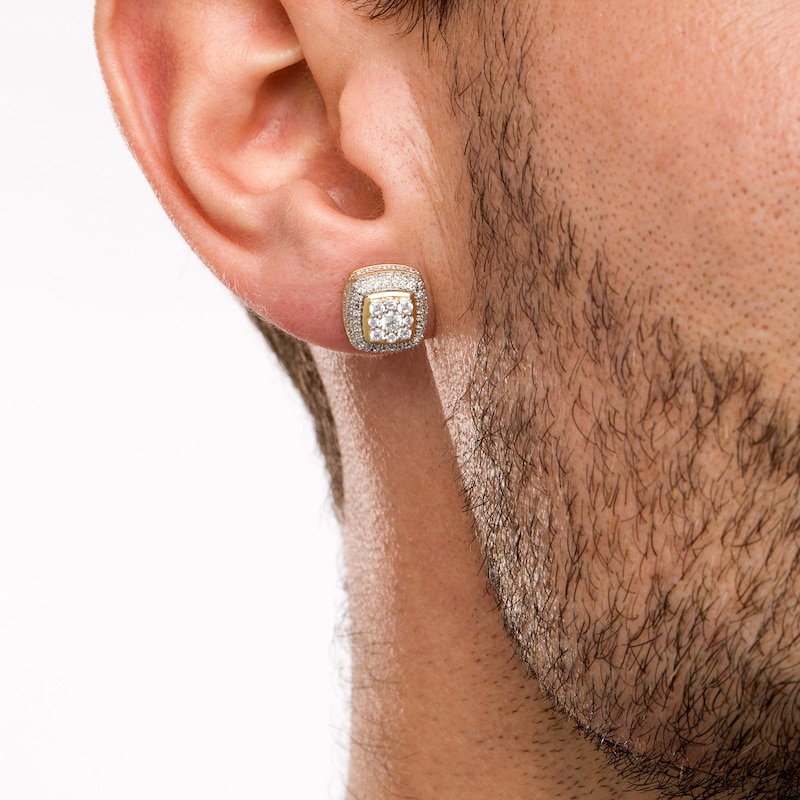 Main Image 2 of Men's 1 CT. T.W. Multi-Diamond Double Cushion Frame Tiered Stud Earrings in 10K Gold