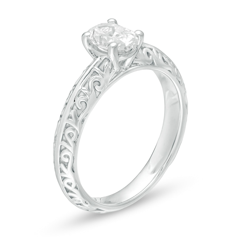 Main Image 3 of 3/4 CT. Certified Oval Diamond Solitaire Filigree Engagement Ring in 14K White Gold (I/SI2)