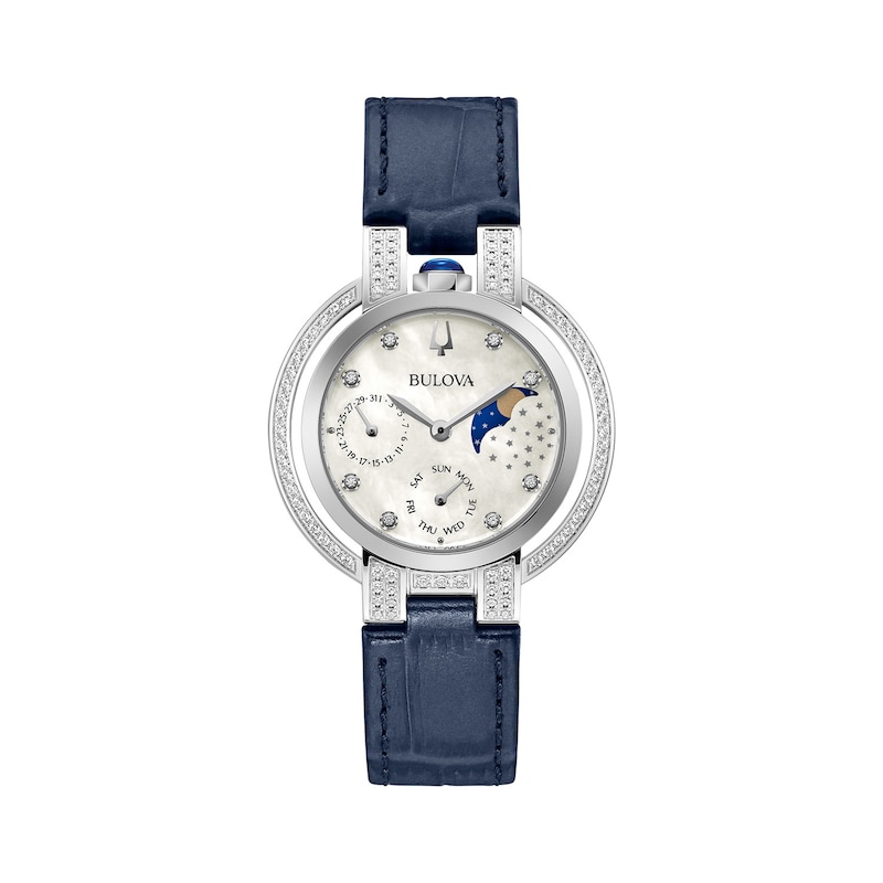 Main Image 1 of Ladies' Bulova Rubaiyat 1/3 CT. T.W. Diamond Moon Phase Strap Watch with Mother-of-Pearl Dial (Model: 96R237)