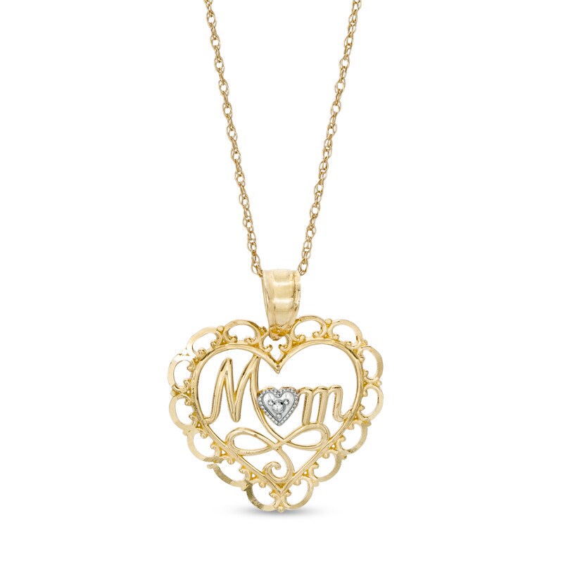 Main Image 1 of Cursive "Mom" with Diamond-Cut Beaded Heart Accent and Swirl Ribbon Scallop Frame Heart Pendant in 10K Two-Tone Gold