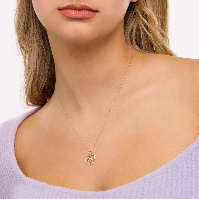 Main Image 2 of Cursive "Mom" with Diamond-Cut Beaded Heart Accent and Swirl Ribbon Scallop Frame Heart Pendant in 10K Two-Tone Gold