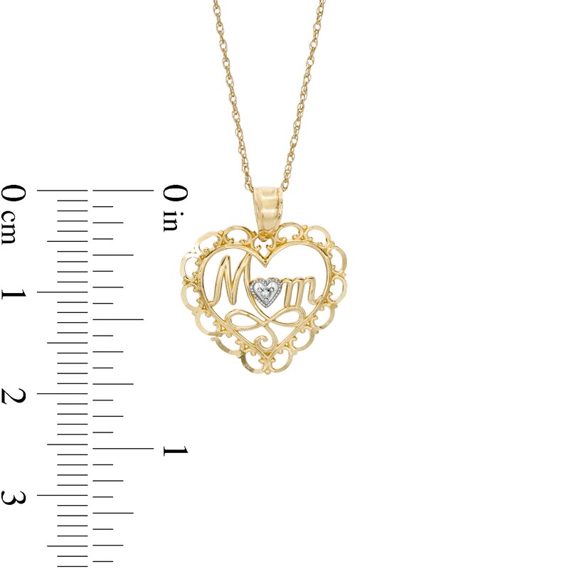 Main Image 3 of Cursive "Mom" with Diamond-Cut Beaded Heart Accent and Swirl Ribbon Scallop Frame Heart Pendant in 10K Two-Tone Gold