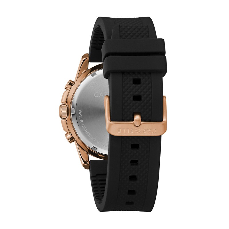 Men's Caravelle by Bulova Rose-Tone Chronograph Strap Watch with Black Dial (Model: 45B157)