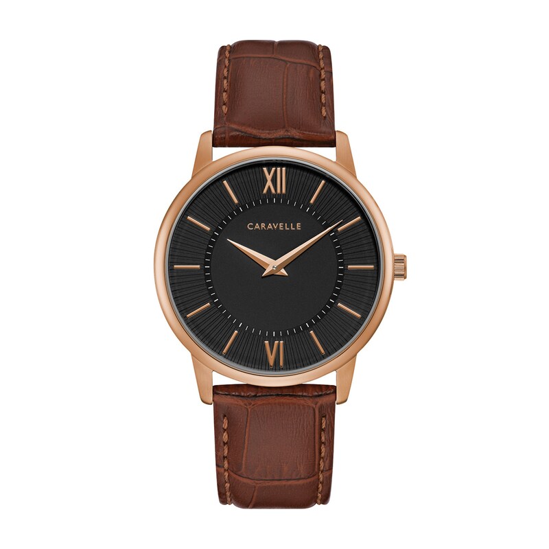 Main Image 1 of Men's Caravelle by Bulova Rose-Tone Strap Watch with Black Dial (Model: 44A115)