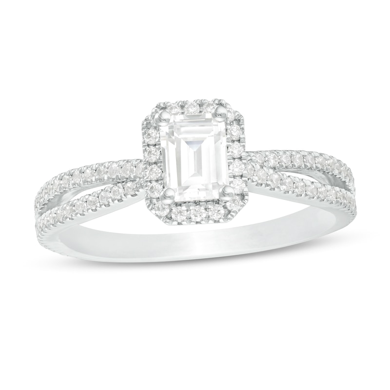 Main Image 1 of 3/4 CT. T.W. Certified Emerald-Cut Frame Split Shank Engagement Ring in 14K White Gold (I/I1)