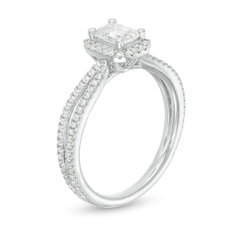 Main Image 3 of 3/4 CT. T.W. Certified Emerald-Cut Frame Split Shank Engagement Ring in 14K White Gold (I/I1)