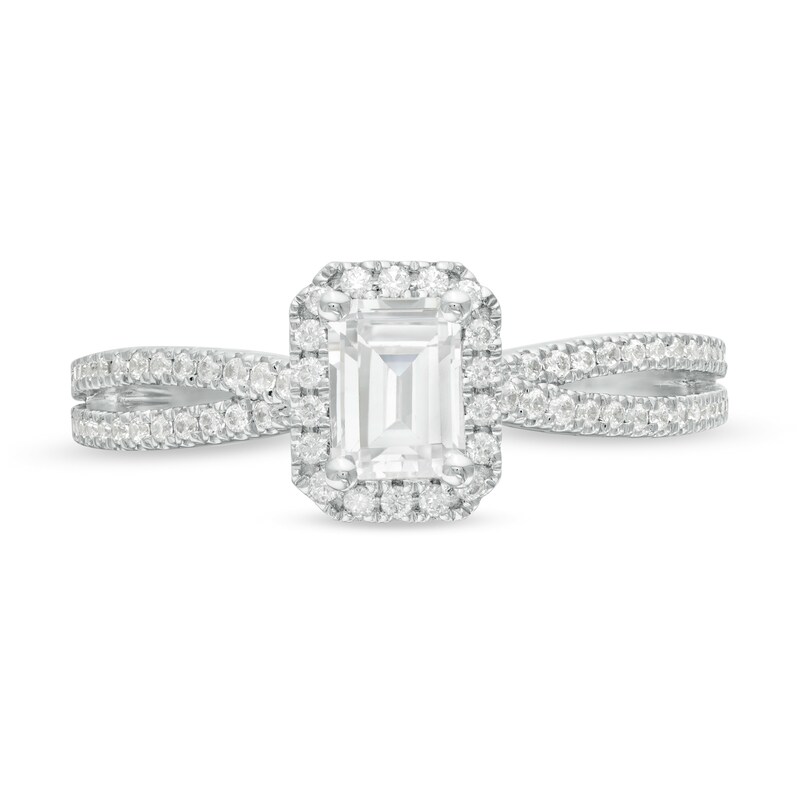 Main Image 4 of 3/4 CT. T.W. Certified Emerald-Cut Frame Split Shank Engagement Ring in 14K White Gold (I/I1)