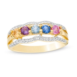 Mother's 3.0mm Birthstone and Diamond Accent Beaded Scallop Border Split Shank Ring (3-7 Stones)