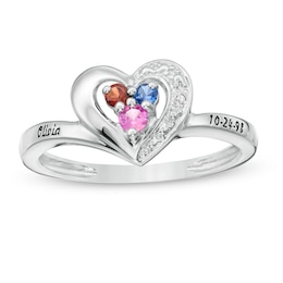 Daughter's Birthstone and Diamond Accent Beaded Heart Frame Engravable Ring (3 Stones and 2 Lines)