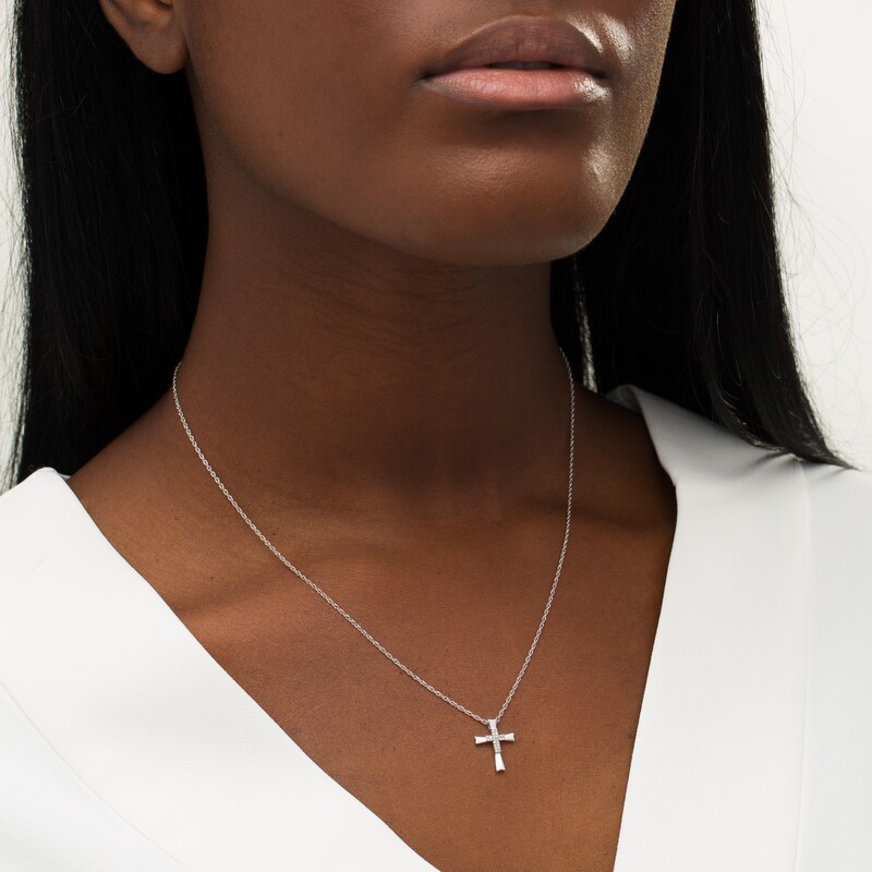 Main Image 2 of 1/20 CT. T.W. Diamond Overlay Cross Pendant in Sterling Silver