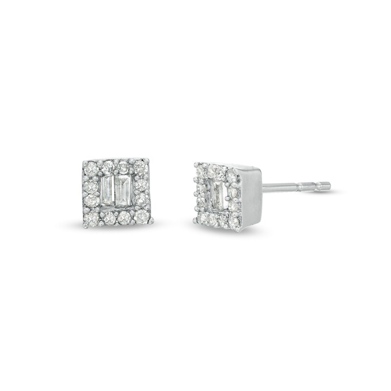 Main Image 1 of 1/5 CT. T.W. Baguette and Round Composite Diamond Square Stud Earrings in 10K White Gold
