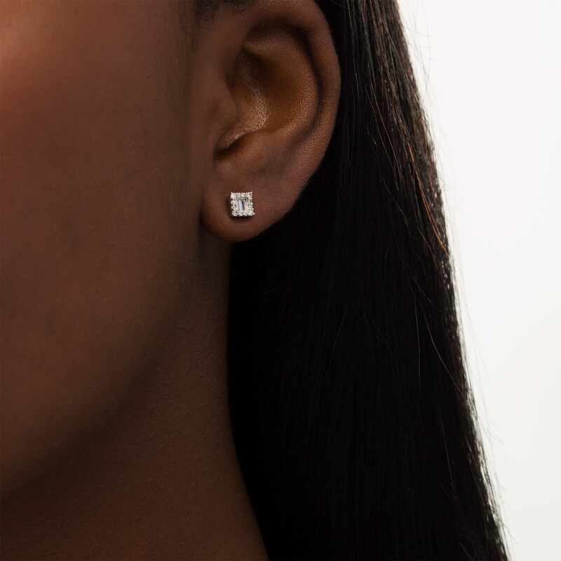 Main Image 2 of 1/5 CT. T.W. Baguette and Round Composite Diamond Square Stud Earrings in 10K White Gold