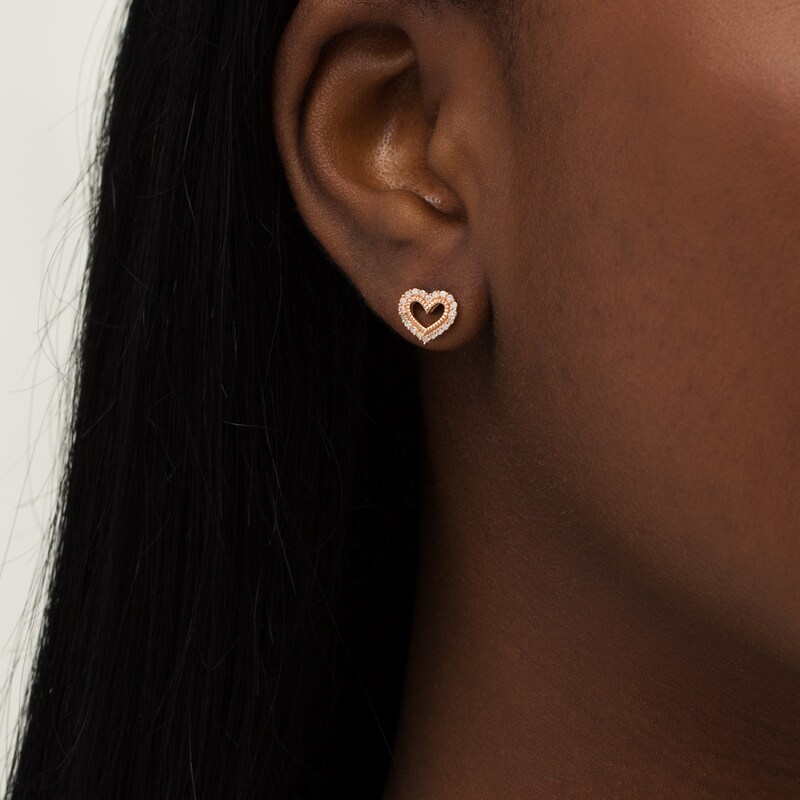 Main Image 2 of 1/5 CT. T.W. Diamond Heart Outline Stud Earrings in 10K Rose Gold