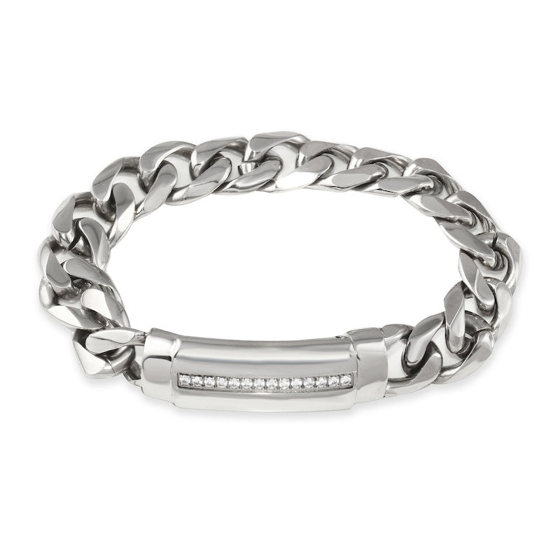 Main Image 1 of 1/6 CT. T.W. Diamond Row ID Curb Chain Bracelet in Stainless Steel - 8.5"