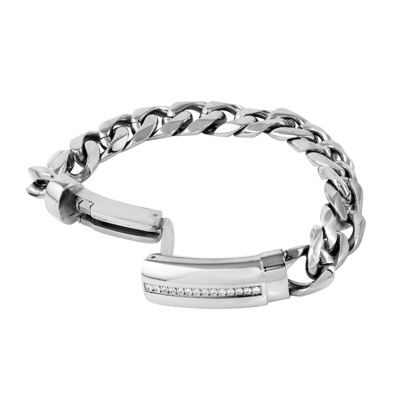 Main Image 3 of 1/6 CT. T.W. Diamond Row ID Curb Chain Bracelet in Stainless Steel - 8.5"