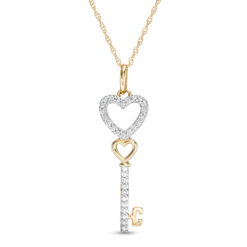 Main Image 1 of 1/10 CT. T.W. Diamond Double Heart-Top Key Pendant in 10K Gold