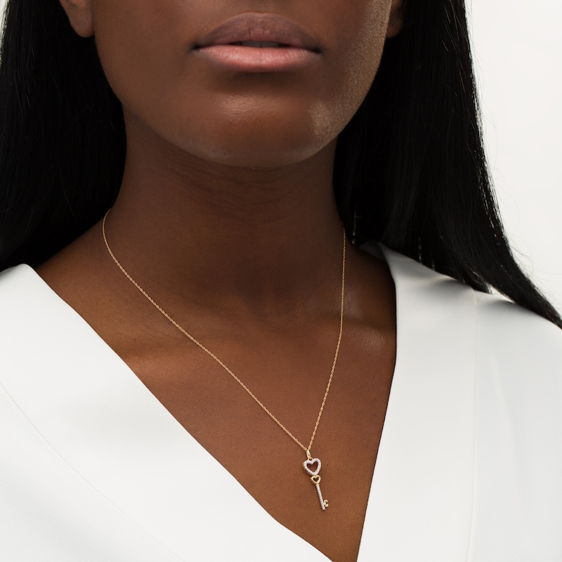 Main Image 2 of 1/10 CT. T.W. Diamond Double Heart-Top Key Pendant in 10K Gold