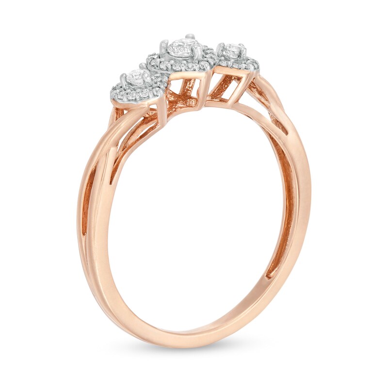 1/4 CT. T.W. Diamond Three Stone Hearts Frame Promise Ring in 10K Rose Gold