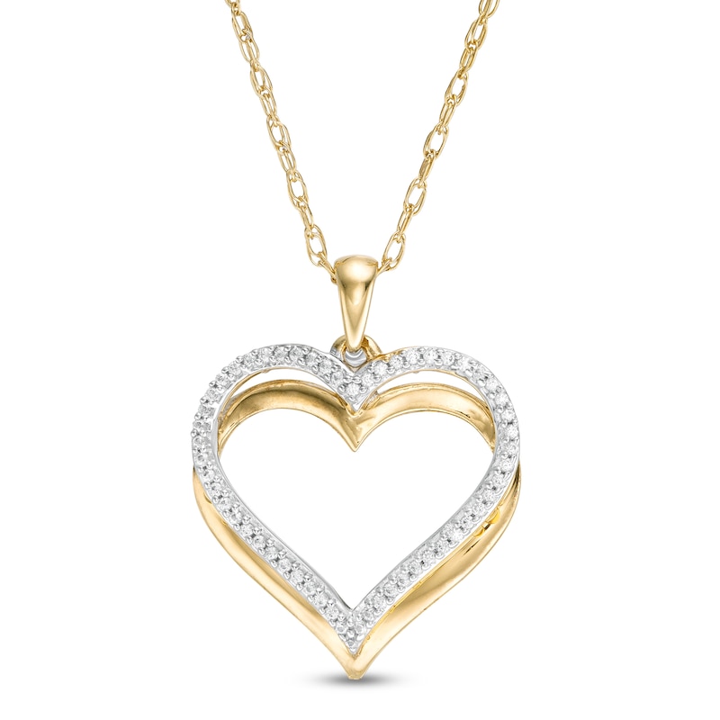Main Image 1 of 1/10 CT. T.W. Diamond Overlay Double Heart Outline Pendant in 10K Gold