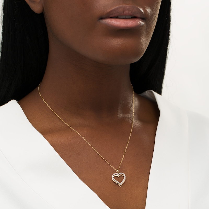 Main Image 2 of 1/10 CT. T.W. Diamond Overlay Double Heart Outline Pendant in 10K Gold