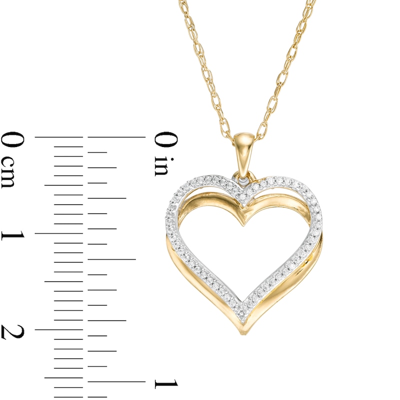 Main Image 3 of 1/10 CT. T.W. Diamond Overlay Double Heart Outline Pendant in 10K Gold
