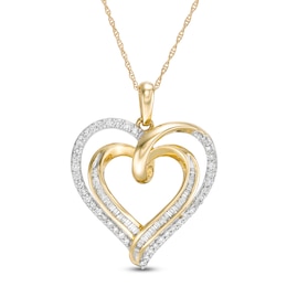 1/2 CT. T.W. Baguette and Round Diamond Double Swirl Heart Pendant in 10K Gold