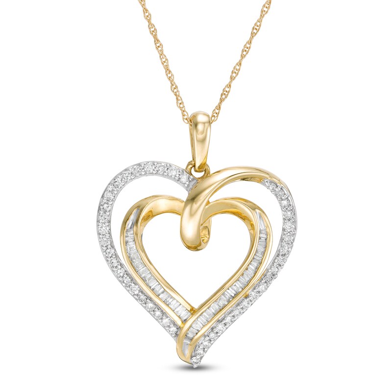 Main Image 1 of 1/2 CT. T.W. Baguette and Round Diamond Double Swirl Heart Pendant in 10K Gold