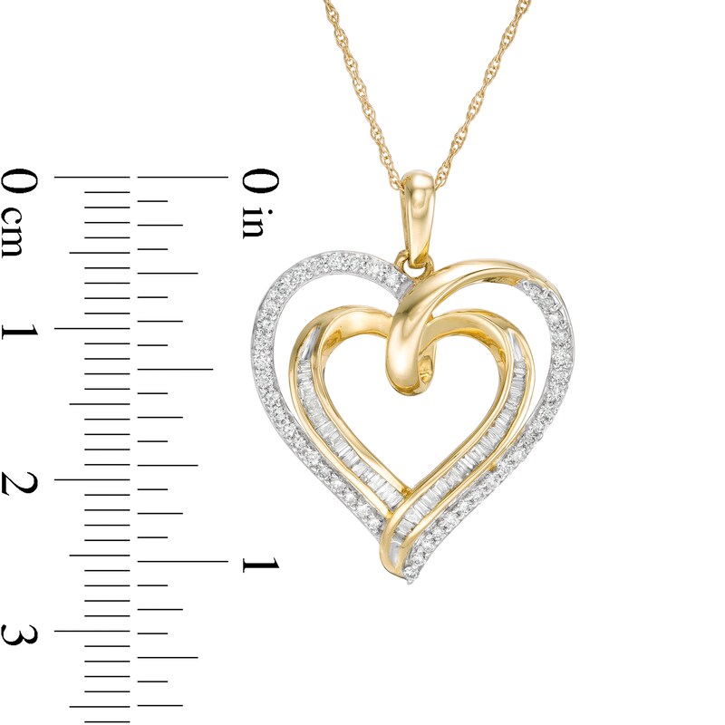 1/2 CT. T.W. Baguette and Round Diamond Double Swirl Heart Pendant in 10K Gold