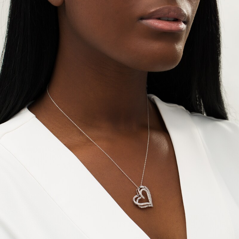 Main Image 2 of 1 CT. T.W. Diamond Double Swirl Tilted Heart Pendant in 10K White Gold