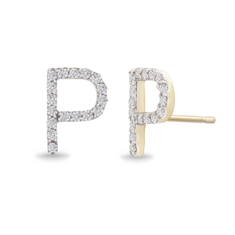 Main Image 2 of 1/10 CT. T.W. Diamond "P" Initial Stud Earrings in 10K Gold