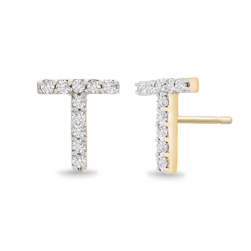 Main Image 2 of 1/10 CT. T.W. Diamond "T" Initial Stud Earrings in 10K Gold