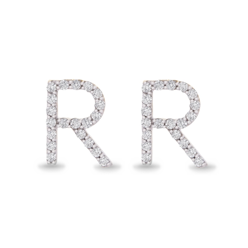 Main Image 1 of 1/10 CT. T.W. Diamond "R" Initial Stud Earrings in 10K Gold