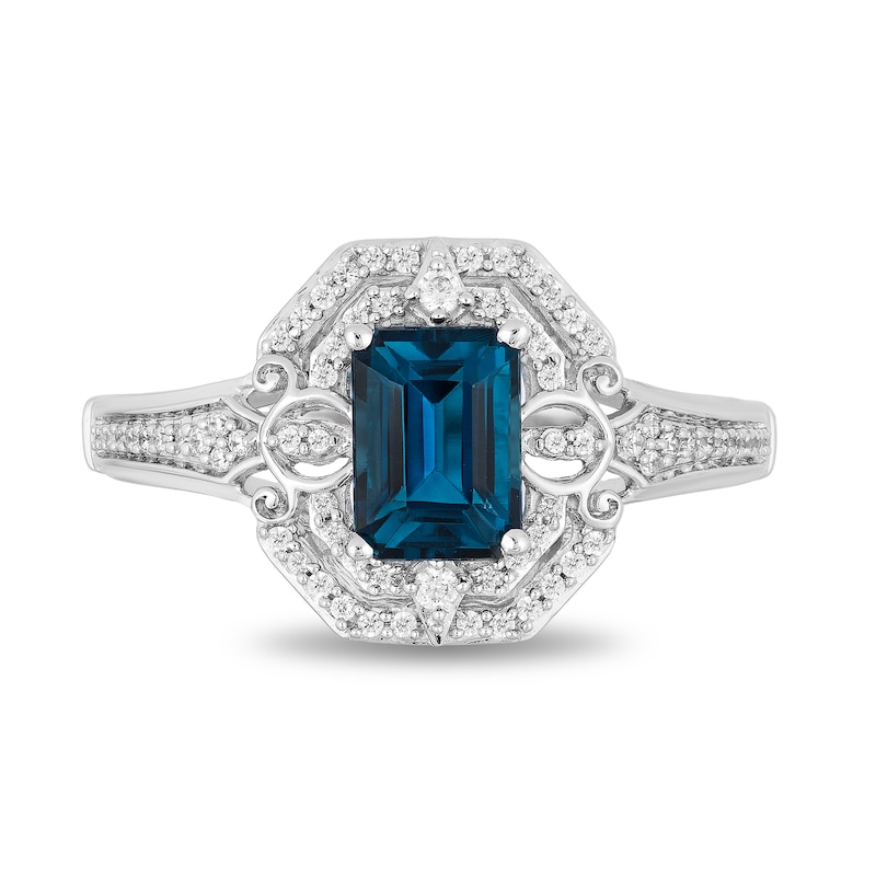 Enchanted Disney Cinderella Octagonal London Blue Topaz and 1/6 CT. T.W. Diamond Ring in Sterling Silver
