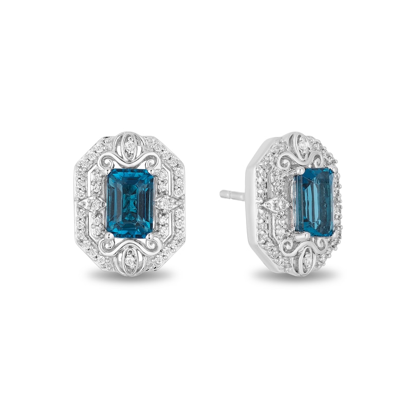 Enchanted Disney Cinderella Octagonal London Blue Topaz and 1/5 CT. T.W. Diamond Frame Stud Earrings in Sterling Silver