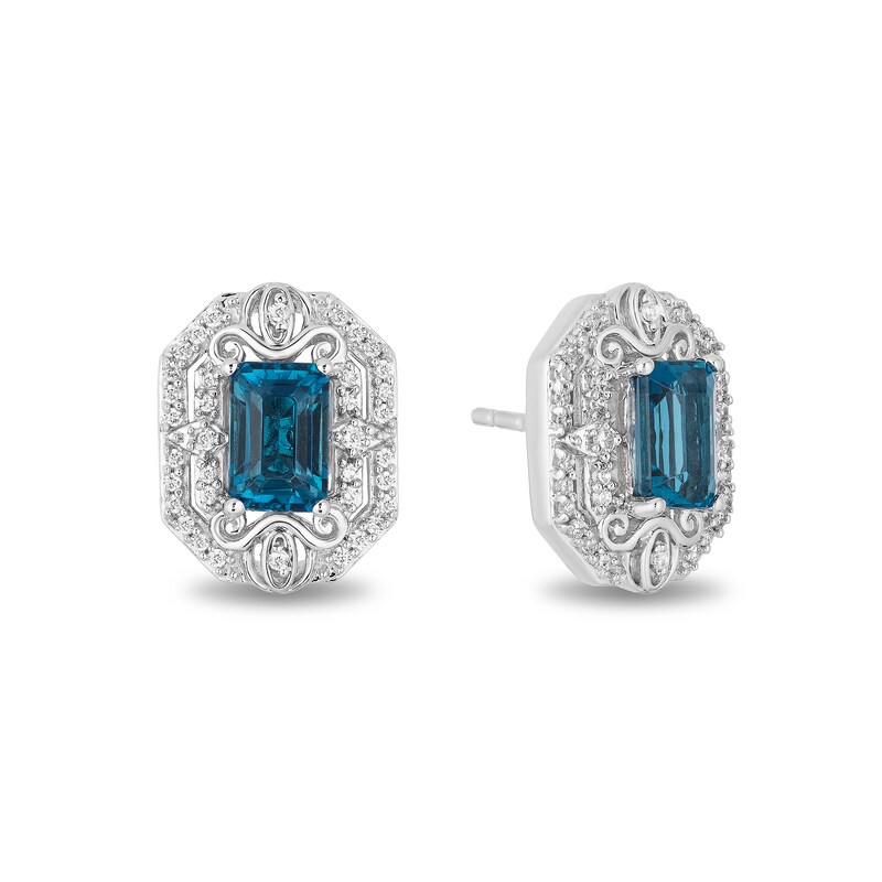 Main Image 1 of Enchanted Disney Cinderella Octagonal London Blue Topaz and 1/5 CT. T.W. Diamond Frame Stud Earrings in Sterling Silver