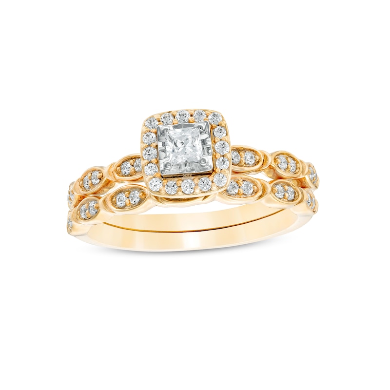 Main Image 1 of 3/8 CT. T.W. Princess-Cut Diamond Frame Scallop Shank Bridal Set in 10K Two-Tone Gold