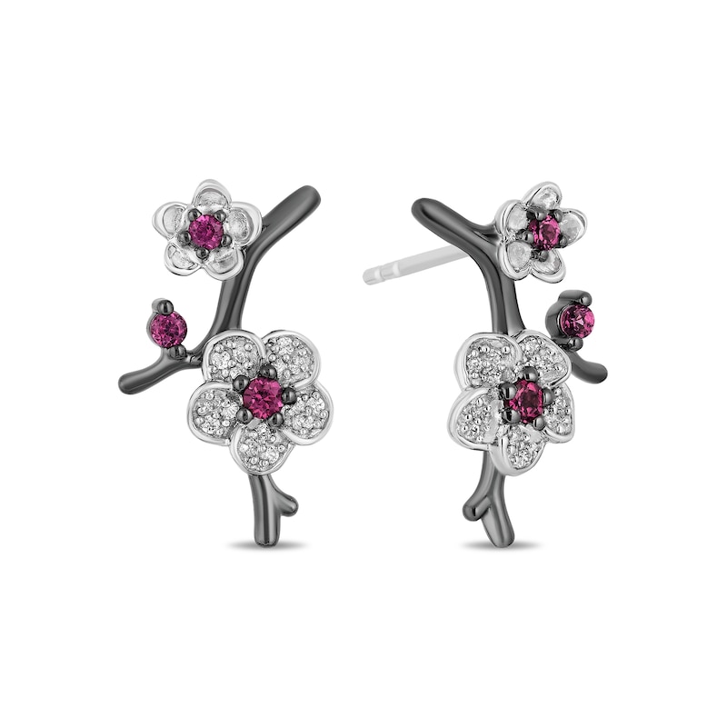 Enchanted Disney Mulan Live Action Rhodolite Garnet and 1/8 CT. T.W. Diamond Flower Drop Earrings in Sterling Silver