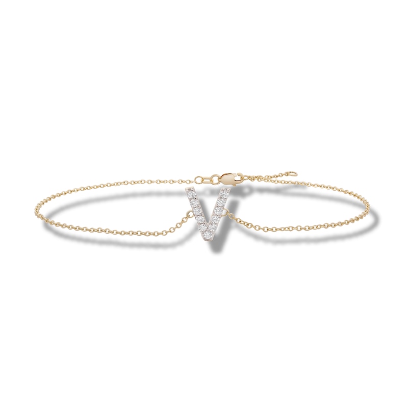 Main Image 1 of 1/10 CT. T.W. Diamond "V" Initial Bracelet in 10K Gold - 7.5"