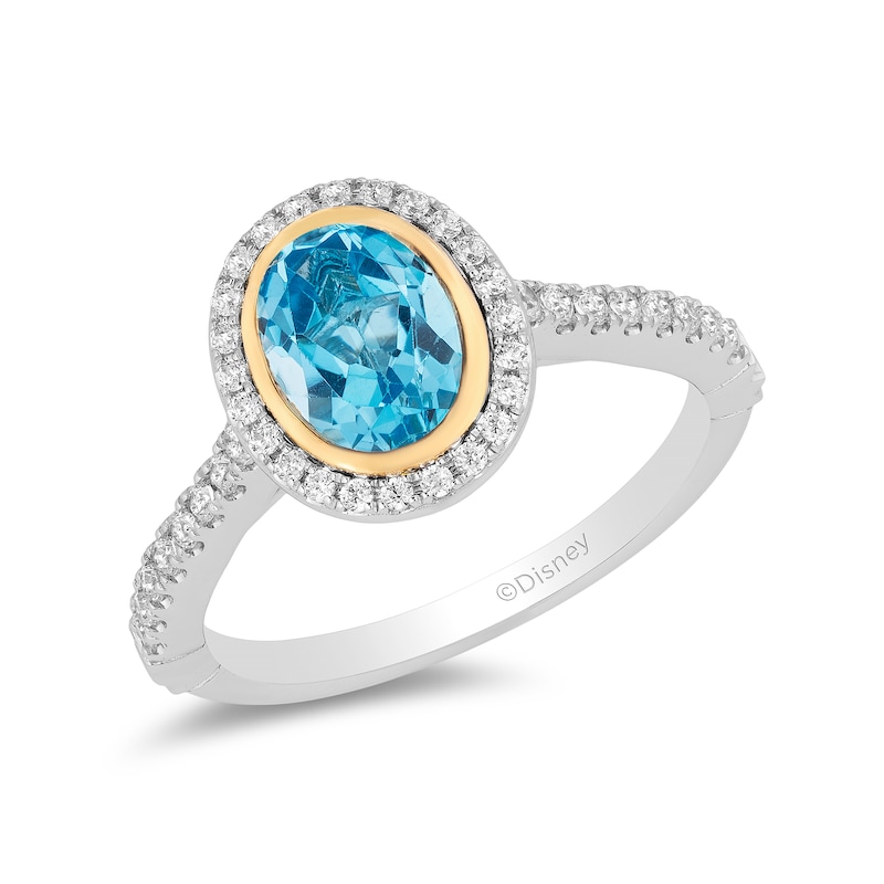 Main Image 1 of Enchanted Disney Jasmine Oval Swiss Blue Topaz and 1/4 CT. T.W. Diamond Frame Engagement Ring in 14K Two-Tone Gold