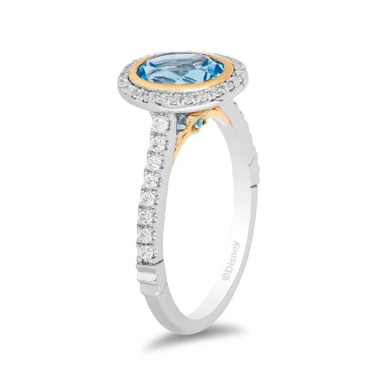 Main Image 2 of Enchanted Disney Jasmine Oval Swiss Blue Topaz and 1/4 CT. T.W. Diamond Frame Engagement Ring in 14K Two-Tone Gold