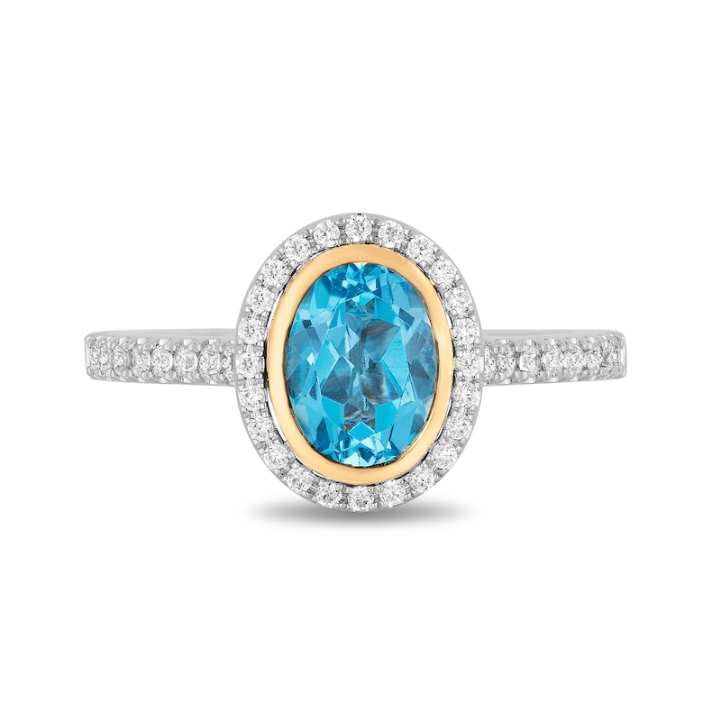 Main Image 3 of Enchanted Disney Jasmine Oval Swiss Blue Topaz and 1/4 CT. T.W. Diamond Frame Engagement Ring in 14K Two-Tone Gold